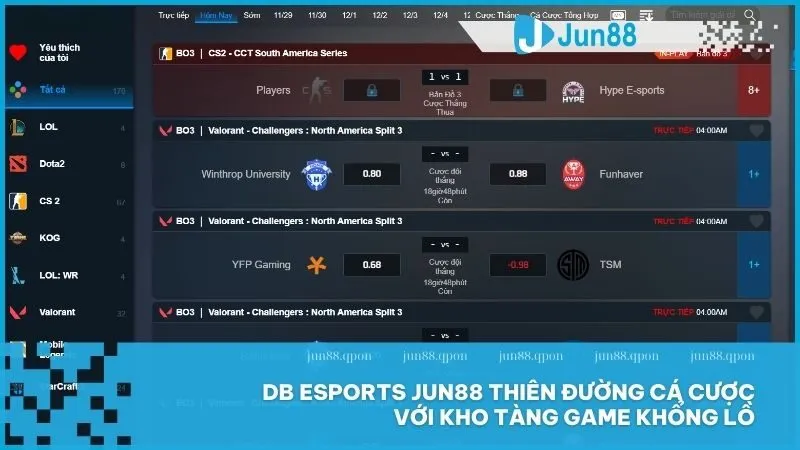 DB Esports Jun88 là thiên đường cá cược với kho tàng game khổng lồ và trải nghiệm đẳng cấp.