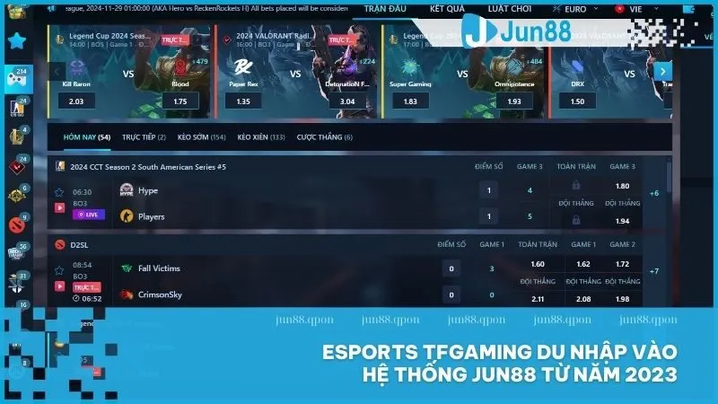 Esports TFGaming du nhập vào hệ thống Jun88 từ năm 2023, mang đến sân chơi thể thao điện tử sống động và chuyên nghiệp.