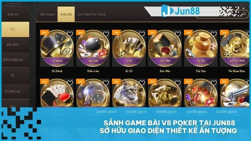 Sảnh game bài V8 Poker tại Jun88 với danh mục game đầy đủ giao diện đẹp và thao tác nhanh