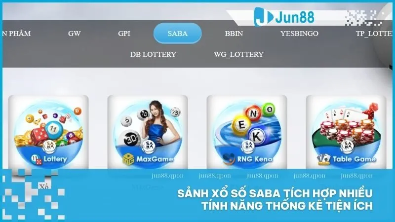 Giao diện sảnh xổ số SABA Gaming với các tính năng thống kê tiện ích cho người chơi
