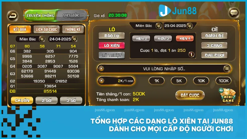 Lô xiên tại Jun88 là gì? Cách chơi giúp bạn nhân đôi cơ hội trúng lớn 2 Người chơi có thể chọn lô xiên 2 xiên 3 hoặc xiên 4 để tùy chỉnh chiến thuật theo mức độ rủi ro và phần thưởng