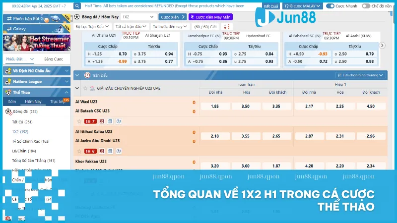 1x2 H1 tại Jun88 là gì? Cách chơi để nâng cao tỷ lệ thắng 2 1x2 H1 là dạng cược theo kết quả hiệp 1 gồm thắng hòa thua với cách chơi đơn giản nhưng đầy chiến thuật