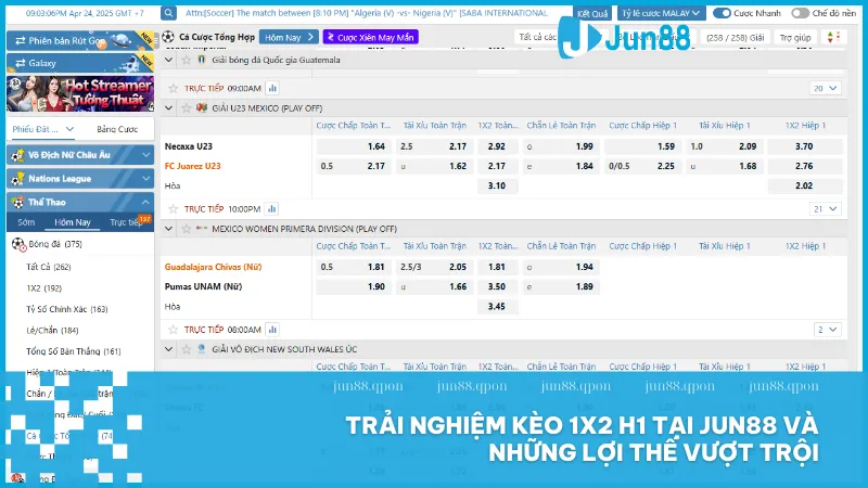 1x2 H1 tại Jun88 là gì? Cách chơi để nâng cao tỷ lệ thắng 3 Jun88 mang đến trải nghiệm cược 1x2 H1 tiện lợi cập nhật kèo nhanh và hỗ trợ người chơi đầy đủ dữ liệu phân tích